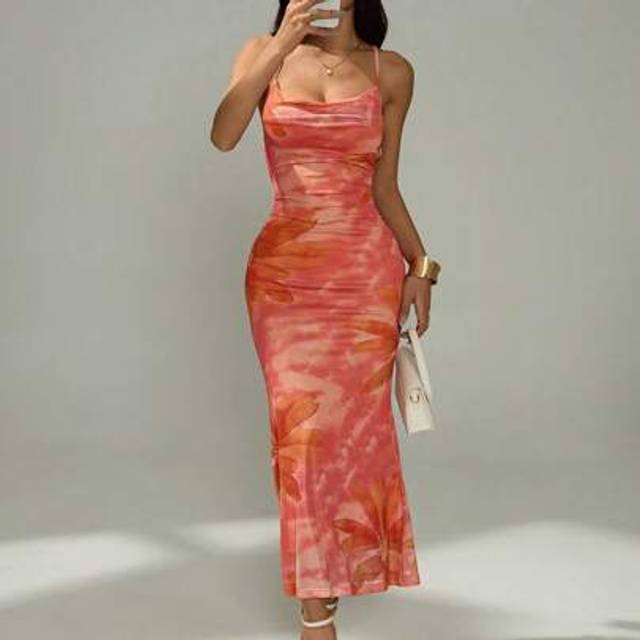 SHEIN Women&#39;s Elegant Ditsy Floral Draped Neck Spaghetti Strap Mid-Length Casual Dress, Summer Wedding Dress Guest Casual Women Elegant Women Dresses Homeco