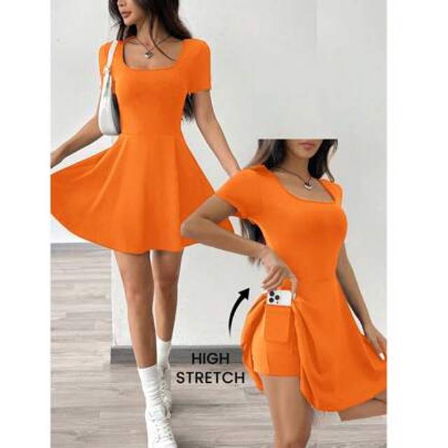 SHEIN Orange Knitted Women&#39;s Casual Lightweight Yoga Short Dress Summer Dresses For Women,Sun Dresses For Women