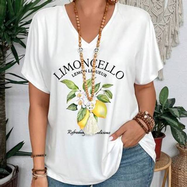 SHEIN Plus Size Women&#39;s Summer V-Neck Lemon & Lemon Flower Print Casual Raglan Short Sleeve T-Shirt, Summer