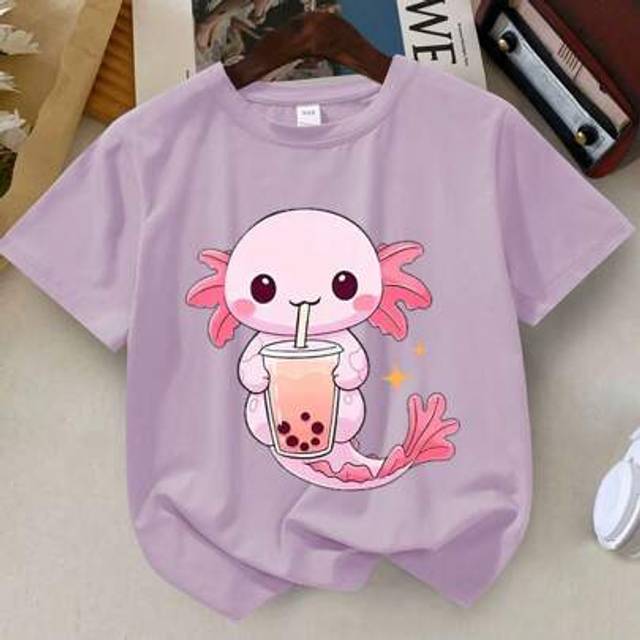 SHEIN Young Girl Cute Girl Holding Umbrella Logo Print Crew Neck T-Shirt, Casual, Summer