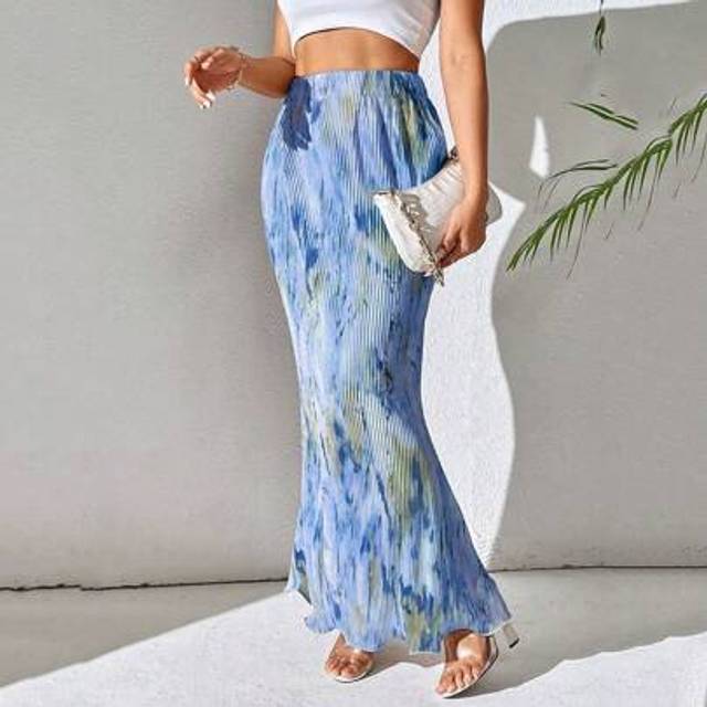 Celisse Spring And Summer Casual Pleated Elastic Waist Fish Tail Hem Long Skirt With Random Prints Maxi Women