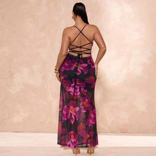 SHEIN Summer Beach Vacation Plus Size Clothing Holiday Clothing Party Gathering, Date Travel, Go Out, Romantic Flower Pattern Print Lace Backless Sexy Dress