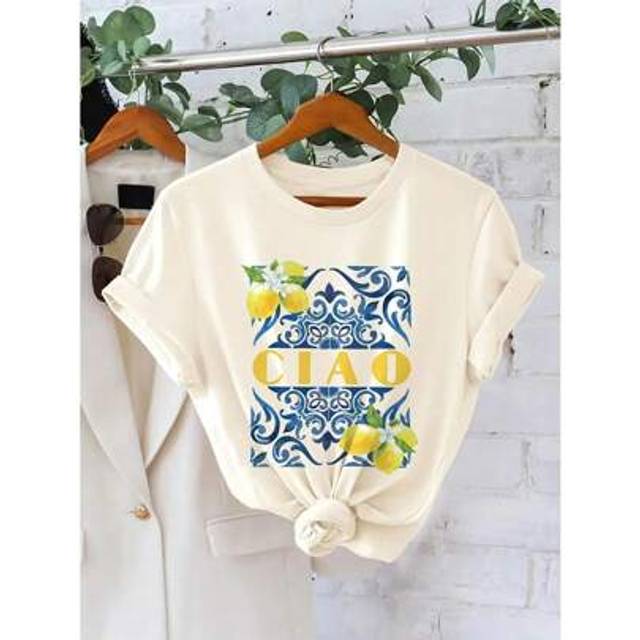 SHEIN Casual Summer Outfit: CIAO & Lemon Print Graphic Round Neck Short Sleeve T-Shirt