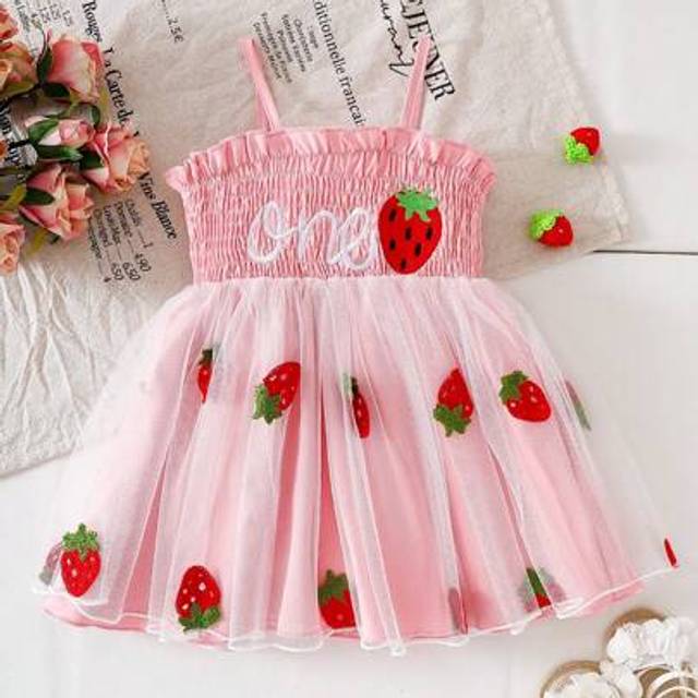 SHEIN Baby Girls&#39; Summer Pink Cute Fruit Pattern Cami Dress, Special Embroidered Craftsmanship, Casual Outgoing Essential Style