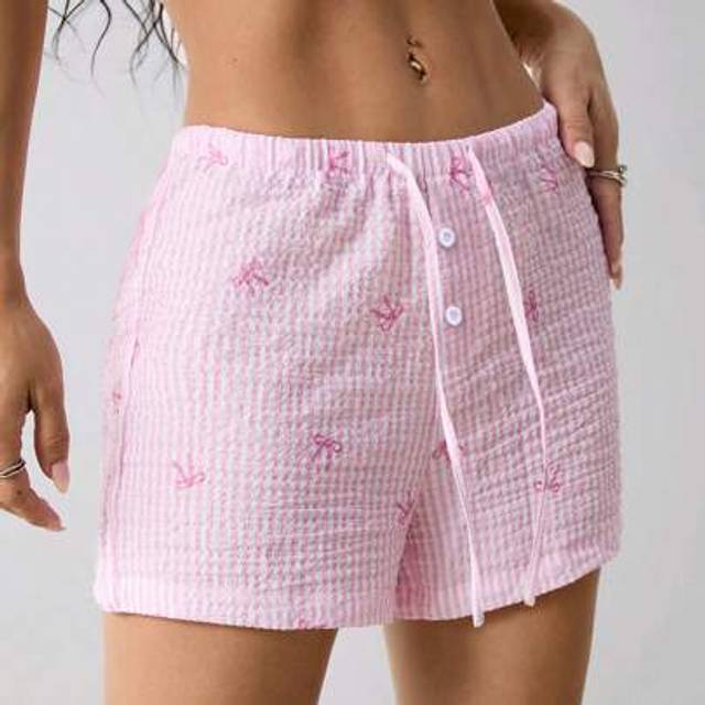 SHEIN Elegant Stripe Print Sweet Pink Bow Striped Low Waisted Elastic Shorts