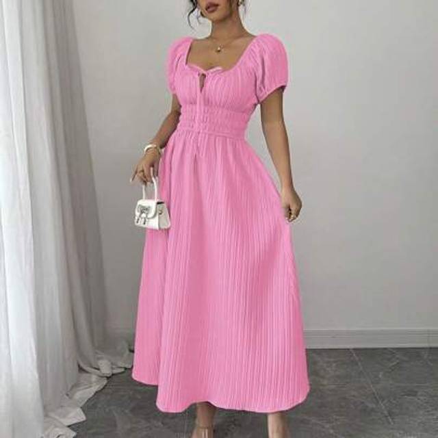 Airlisse Women&#39;s Solid Color Front Tied Puff Sleeve Elegant Waist Cinched Dress
