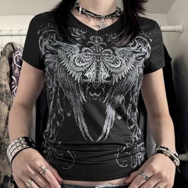 SHEIN Y2K Gothic Street Style Women&#39;s Vintage Print Round Neck Short Sleeve T-Shirt, 2000s Fashion