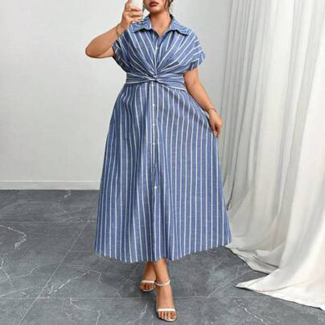 SHEIN Plus Size Women&#39;s Summer Dress, Elegant Blue & White Striped Tie-Waist Collared DressÂ Dresses For Women Summer Dresses For Women Elegant Dresses For