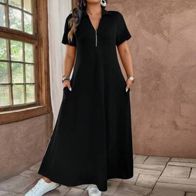 SHEIN Plus Size Women Solid Color Zipper Henley Collar Mini Dress With Pockets