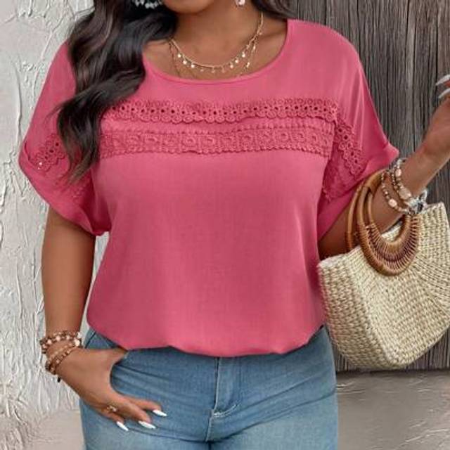 SHEIN Plus Size Women&#39;s Linen Blouse, Ruffle Patchwork, Casual Short Sleeve Shirt, Suitable For Vacation