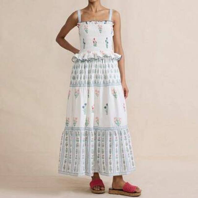 SHEIN Women Summer Spaghetti Strap Maxi Dress Floral Sleeveless Shirred Smocked Ruffle A Line Flowy Long Dress