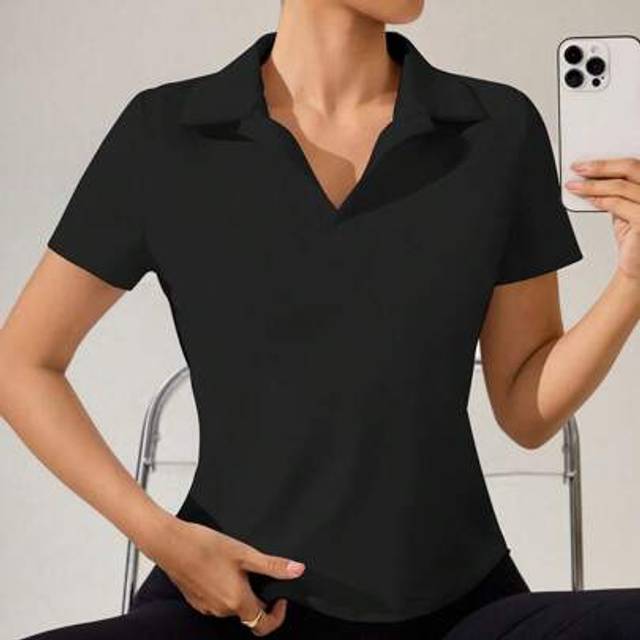 SHEIN 1pc Women&#39;s Solid White V-Neck Tennis & Golf Short Sleeve Sports Polo Shirt Yoga Tops Women Workout Top Women Workout Clothes For Women Women Clothing