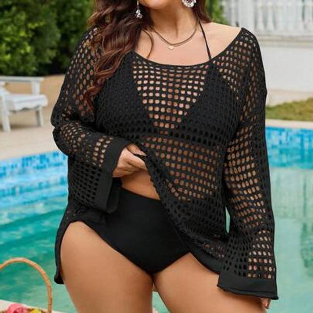SHEIN Casual Long Sleeve Hollow Out Beach Cover Up
