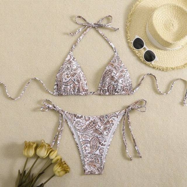 SHEIN Women Paisley Print Halter Tie Front Sexy Bikini Set, Beach Swimwear, Random Prints