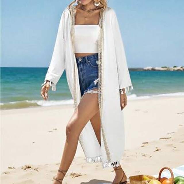 SHEIN Vacation Casual Lace Patchwork Tassel Trim Mid-Length Cover-Up Kimono For Beach, Swimming Pools