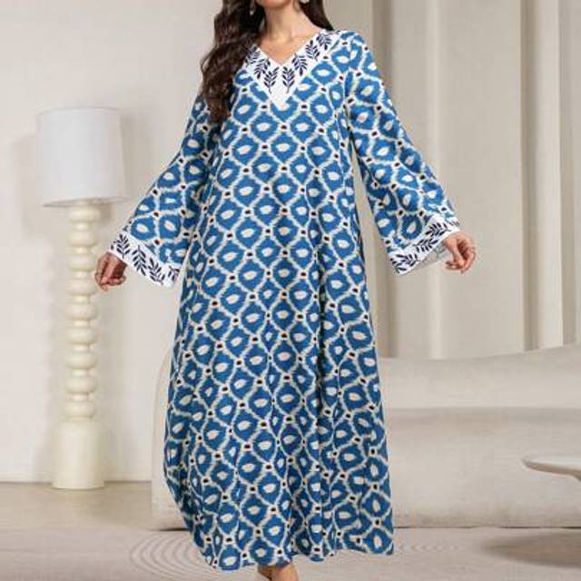 SHEIN Modest Long Printed Kaftan Printed Women&#39;s Dress From Blended Fabric, Long Loose Arabian Dress, Abaya