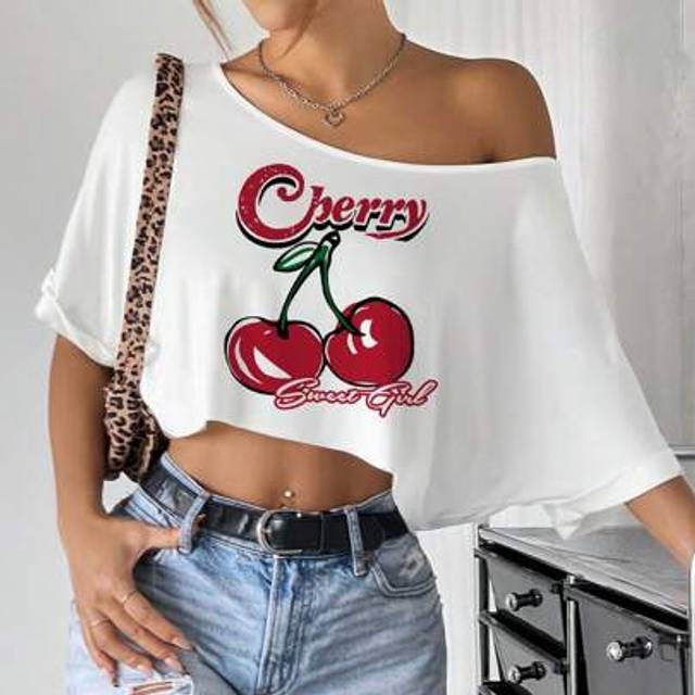 SHEIN Women&#39;s Casual Asymmetrical Neck Cherry Fruit Graphic Oversized Short Sleeve T-Shirt, Suitable For Summer, Beach, Music Festival, Boho Off The Shoulde