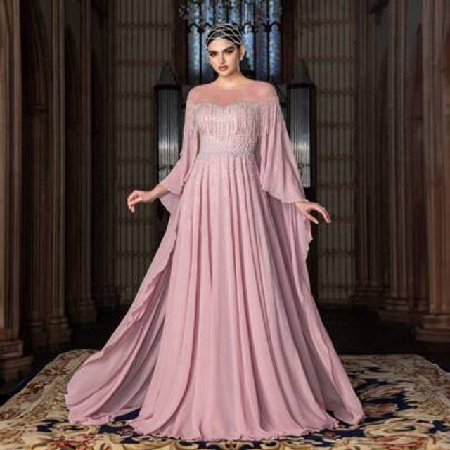 SHEIN Elegant Boat Neck Evening Gown With Long Sleeve Drapery & Beaded Bodice - A-Line Floor-Length Formal Dress For Black-Tie Galas, Red Carpet Events, Wed