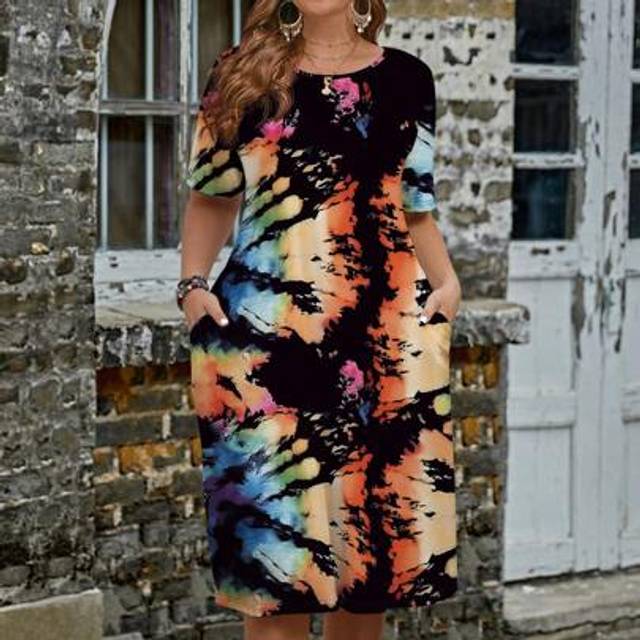 SHEIN Fluorescent Tie Dye Pattern Summer Casual Plus Size Women One-Piece Dress