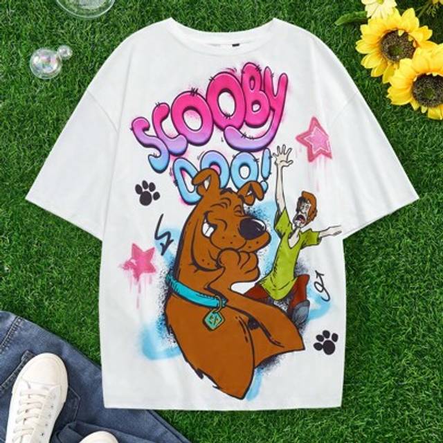 SHEIN Plus Size Casual Cute Cartoon Dog Print Round Neck Short Sleeve T-Shirt, Summer