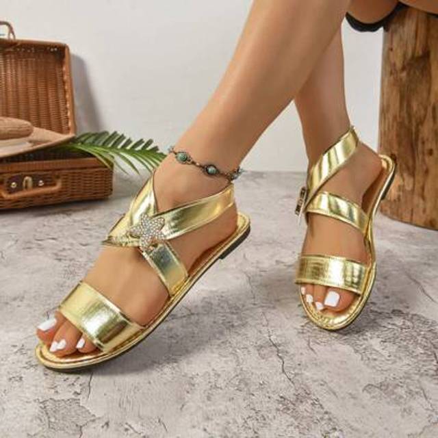 SHEIN Women&#39;s Popular Gold Roman Style Flat Sandals, New 2025 Fashion Casual Versatile Suitable With Dresses