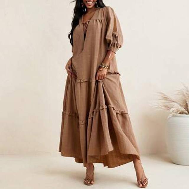SHEIN Spring Summer Women Textured Woven Crepe Boho Deep V Tiered Maxi Dress Oversized Dress