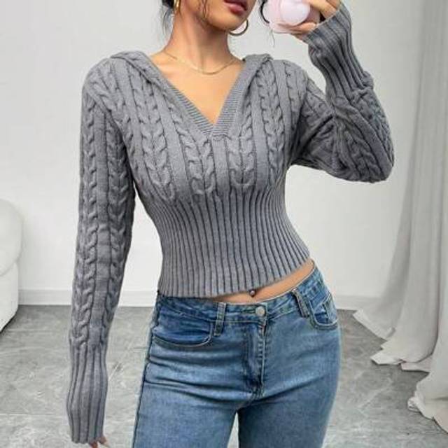 Chiquease Autumn/Winter American Retro Stylish Cropped V-Neck Cable Knit Hoodie Sweater For Women
