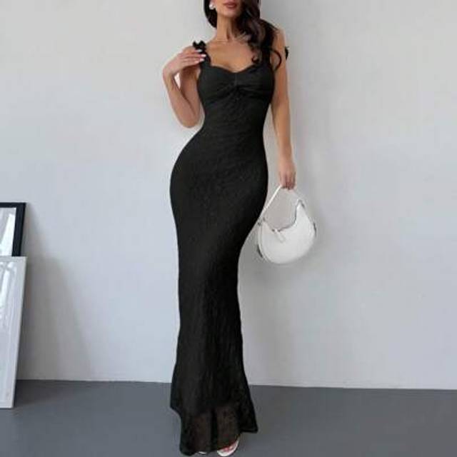 Firerie Women&#39;s Elegant Minimalist Delicate Romantic Charming Fashion Date Night Daily Holiday Wedding Lace Ruffle Shoulder Strap Bodycon Long White Dress