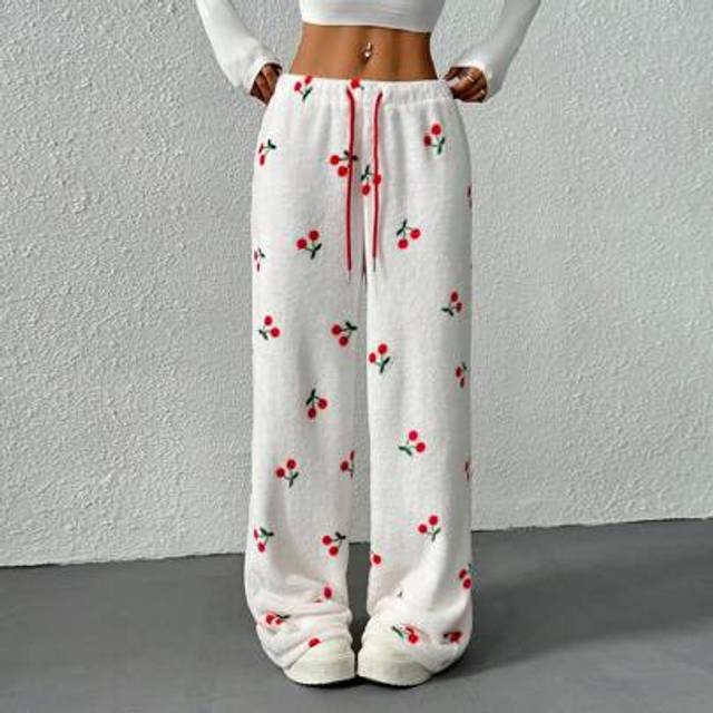SHEIN Women&#39;s Cherry Graphic Front Tie Detail Casual Pants