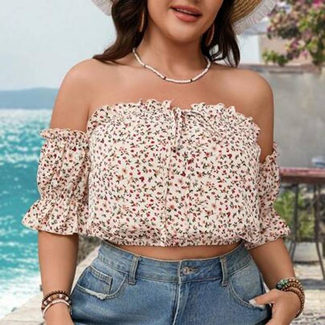 SHEIN Plus Size Women Ruffled Off Shoulder Tie Front Puff Sleeve Ditsy Floral Romantic Vacation Blouse Shirt, Summer Tube Top, Going Out Top, Off The Should