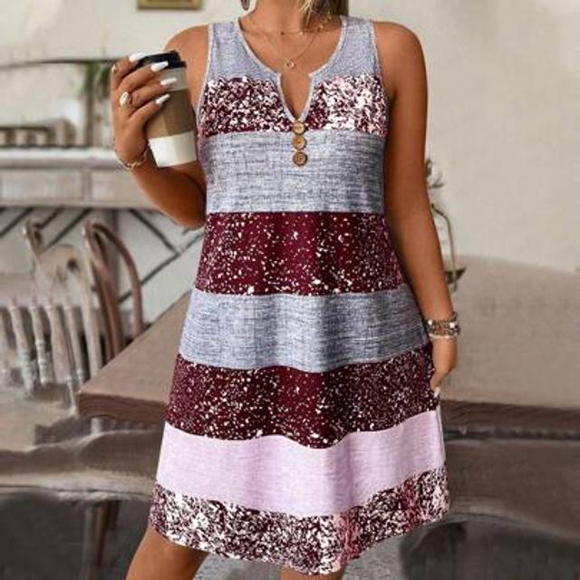 SHEIN Plus Size Sleeveless Button Up Casual Daily Wear Dress With Notched Neckline, Summer Burgundy Color Women Outfit