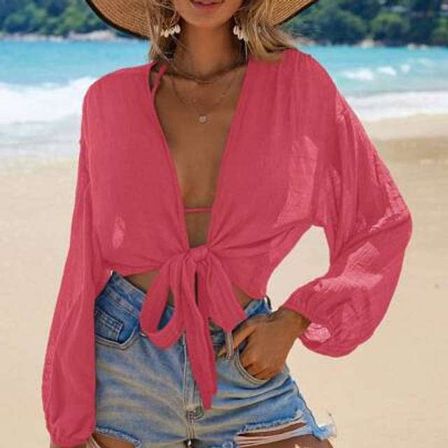 Swim Vcay Women&#39;s Lightweight Vacation Tie Front Lantern Sleeve Cropped Kimono Cover Up, Summer