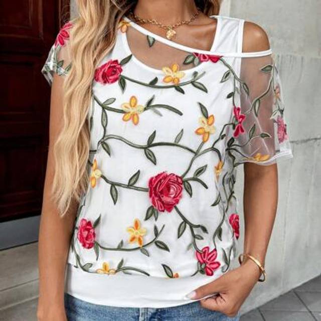 SHEIN 2-In-1 Women Casual & Elegant Mesh Embroidered Floral Loose Blouse, Suitable For Commuting And Dating