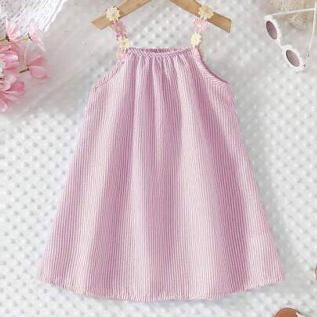 SHEIN Young Girl&#39;s Floral Strap Casual Loose A-Line Striped Dress, Suitable For Holiday & Beach, Summer