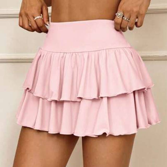 SHEIN Women&#39;s Black Double Layer Ruffle Hem A-Line Short Skirt For Summer Going Out