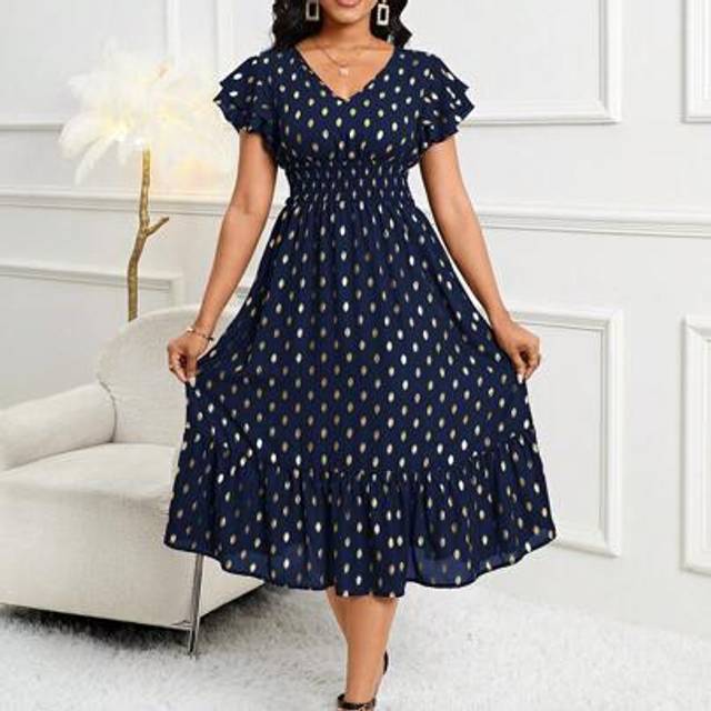 SHEIN Wedding Guest Dress Gold-Stamped Lotus Leaf Sleeves And Polka Dotted Dress For Daily Commuting, Work And Parties,Polka Dot Dress