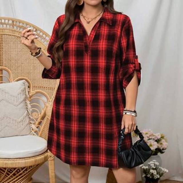 Luneh Plus Size Plaid Print Long Sleeve Dress, Fashionable Suitable For Summer Mother Day Midi Dress  Simple & Fashionable