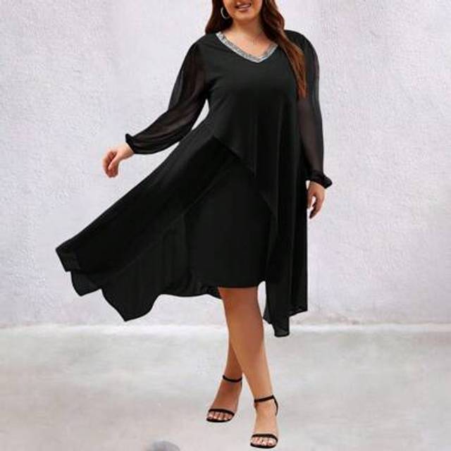 SHEIN Plus Size Ladies Sequins V Neck Shiny Glitter Plain Wedding Guest Dress Women Solid Asymmetrical Hem Long Sleeve Elegant Formal Cocktail Party Evening