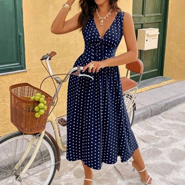 Calvaya Fashion Versatile V-Neck Waisted Sleeveless Midi A-Line Polka Dot Dress For Women