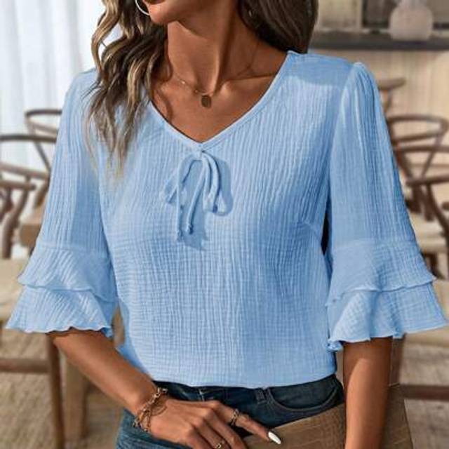 SHEIN Ruffled V-Neck Casual Linen Blend Blouse For Women