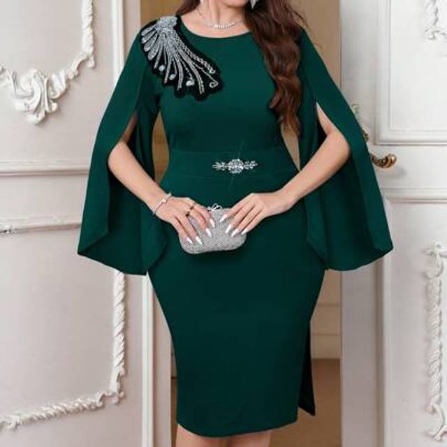SHEIN Plus Size Elegant Party Sequin & Rhinestone Decorated Cape Sleeve Dress