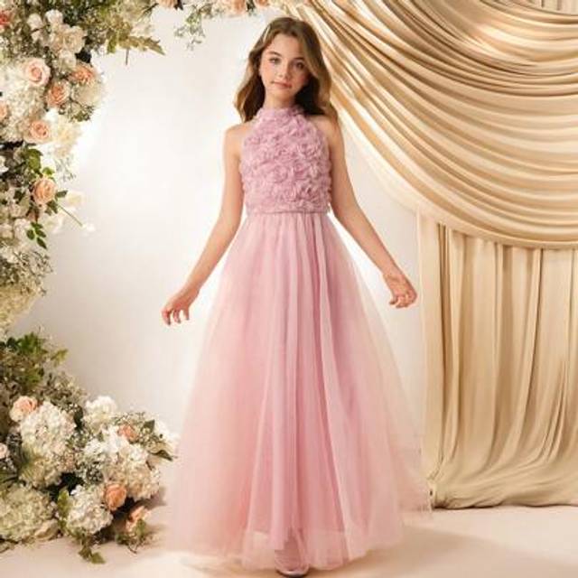 SHEIN Flower Girl Dress, A-Line Midi Length, Floral Applique & Tulle Mesh, Suitable For Wedding, Birthday Party, Ceremony