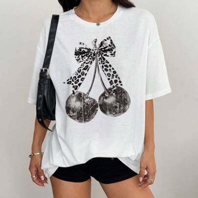 SHEIN Oversized Casual Leopard Print & Cherry Graphic Round Neck Short Sleeve T-Shirt, Loose Fit For Women, Suitable For Music Festivals, Vacations, And Urb