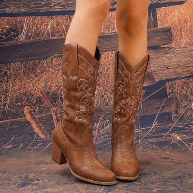 SHEIN New Women&#39;s Western Cowgirl Boots, Pointed Toe Embroidery Thick Heel Mid-Calf Fashion Western Boots
