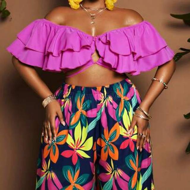 Maweii Plus Size Women Ruffle Off Shoulder Crop Top And Floral Print Pants Set, Sexy Vacation Beach Two Pieces Outfit
