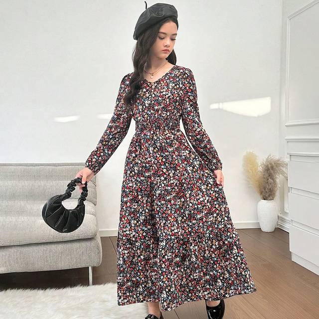 SHEIN Tween Girl Elegant Floral Puff Sleeve Empire Waist Long Sleeve Dress
