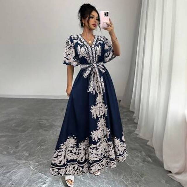 Chiquease Women Summer Holiday Floral A-Line Long Dress With Short Sleeves