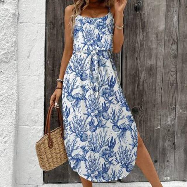 Luneh Women&#39;s Ocean-Themed Vacation Tie-Dye Waist-Cinched Slit Strap Dress, Summer Summer Dresses For Women