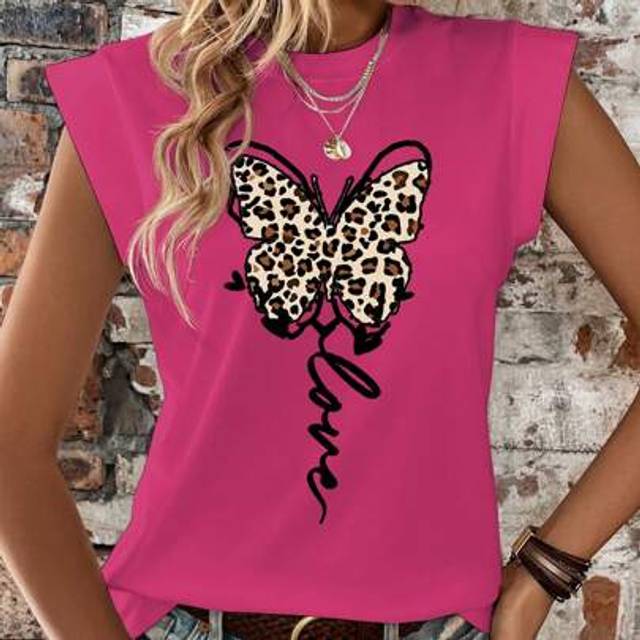 SHEIN Women&#39;s Casual Crew Neck Cap Sleeve Leopard Print & Butterfly Graphic T-Shirt, Spring/Summer
