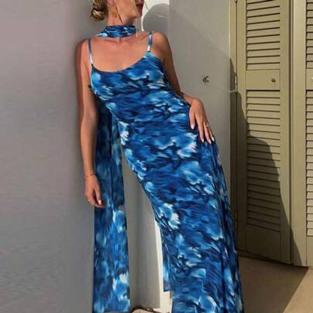 SHEIN Women&#39;s Summer Tie Back Sexy Backless Sling Long Dress, All Over Tie Dye Print, Elegant Party Dress